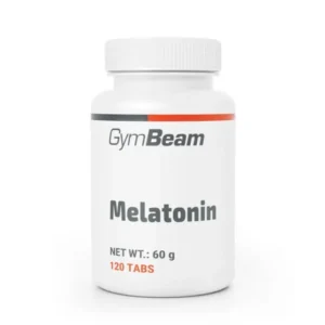 Flacone bianco di integratore GymBeam Melatonina con 120 compresse, utile per il sonno.