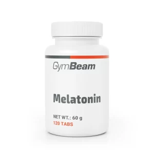 Flacone bianco di integratore GymBeam Melatonina con 120 compresse, utile per il sonno.