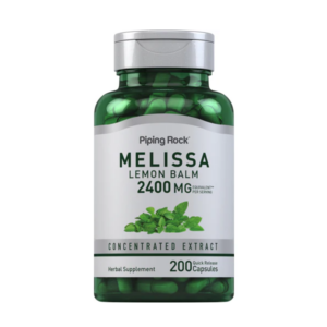 Flacone verde Piping Rock Melissa estratto concentrato 2400 mg, 200 capsule a rilascio rapido di melissa officinalis.