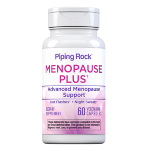 Flacone Piping Rock Menopause Plus+ per supporto avanzato della menopausa, 60 capsule vegetali contro vampate e sudorazioni notturne.