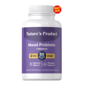Flacone bianco di integratore Mood probiotico per l'umore + Prebiotic Nature’s Product con etichetta viola, 50 miliardi CFU, 30 capsule vegetariane, con indicazione per equilibrio digestivo e calma.