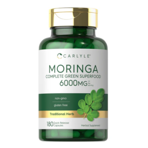 Flacone verde Carlyle Moringa 6000mg Complete Green Superfood 6000 mg, 180 capsule a rilascio rapido senza glutine e non OGM.