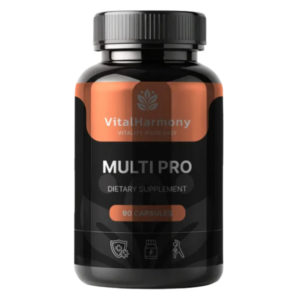 Flacone nero VitalHarmony Multi Pro, integratore multivitaminico da 90 capsule per supporto generale a energia e benessere.