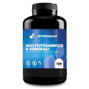 Flacone nero di integratore “Introsalus Multivitaminico e Minerali” con 120 compresse, contenente probiotici, coenzima Q10, inositolo e luteina, senza glutine e lattosio, prodotto in Italia.