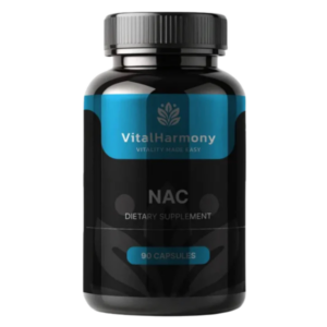 Flacone nero VitalHarmony NAC (N-acetilcisteina), integratore alimentare da 90 capsule per supporto antiossidante e benessere generale.