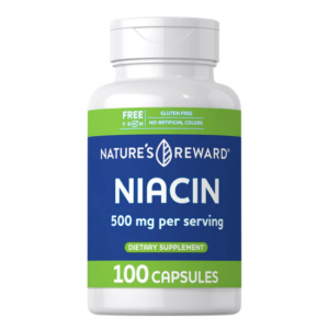 Flacone Nature’s Reward Niacina 500 mg, 100 capsule senza glutine e senza coloranti artificiali per supporto energetico e metabolismo.
