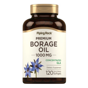 Flacone Piping Rock Premium Olio di borragine 1000 mg, 120 softgel con GLA concentrato per supporto di pelle e benessere ormonale.