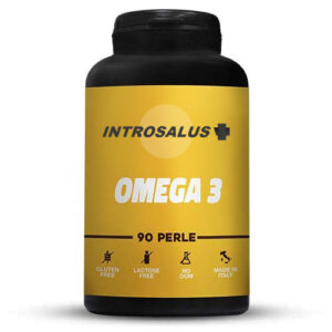 Flacone nero di integratore “Introsalus Omega 3” con 90 perle, etichetta gialla, senza glutine e lattosio, non OGM e prodotto in Italia.