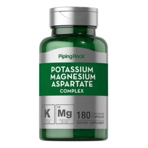 Flacone verde Piping Rock Potassium Magnesium Aspartate Complex, 180 capsule a rilascio rapido con potassio e magnesio per supporto muscolare ed elettrolitico.