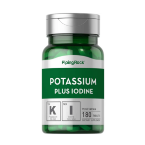 Flacone di integratore PipingRock Potassium Plus Iodine, 180 compresse vegetariane con potassio e iodio per supporto elettrolitico e funzione tiroidea.