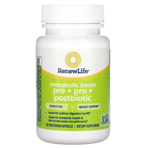 Flacone bianco di integratore Renew Life Metabolic Boost con prebiotici, probiotici e postbiotici, per supporto digestivo e gestione del peso, 30 capsule vegetariane.