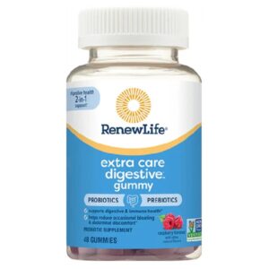Flacone di integratore RenewLife Extra Care Digestive Gummy, 48 caramelle gommose con probiotici e prebiotici per supporto digestivo e immunitario, gusto lampone. Probiotico digestivo