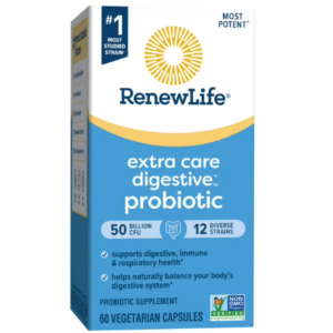 Confezione RenewLife Extra Care Digestive Probiotic 50 miliardi CFU con 12 ceppi, 60 capsule vegetali per supporto digestivo e immunitario.
