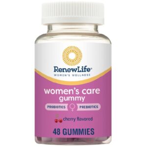 Flacone trasparente di integratore Women’s Care Gummy Renew Life con etichetta rosa, contenente 48 caramelle gommose al gusto ciliegia con probiotici e prebiotici.