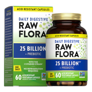 Confezione e flacone Daily Digestive Raw Flora 25 Billion CFU con prebiotici, 60 capsule vegetali gastroresistenti per il supporto digestivo quotidiano.