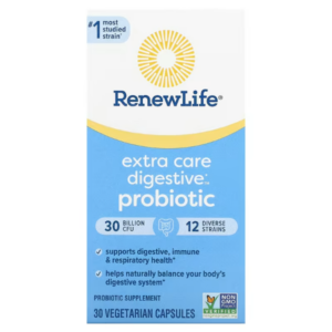 Confezione RenewLife Extra Care Digestive Probiotico con 30 miliardi CFU e 12 ceppi, 30 capsule vegetariane per supporto digestivo e immunitario.