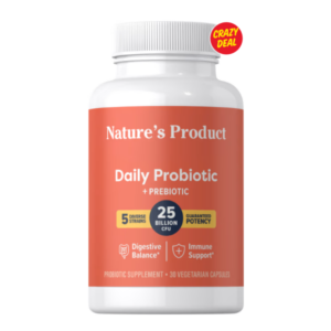 Flacone bianco di integratore Probiotico giornaliero + Prebiotic Nature’s Product con etichetta arancione, 25 miliardi CFU, 30 capsule vegetariane, per equilibrio digestivo e supporto immunitario.