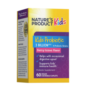 Confezione Nature’s Product Kids Probiotic con 3 miliardi CFU e 6 ceppi probiotici, gusto frutti di bosco, 60 compresse masticabili per supporto digestivo e immunitario dei bambini.