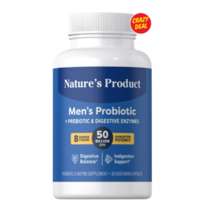 Flacone bianco di integratore Probiotico per uomo Nature’s Product con etichetta blu, 50 miliardi CFU, con prebiotici ed enzimi digestivi, 30 capsule vegetariane.