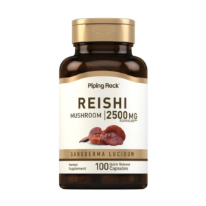 Flacone marrone di integratore Reishi Mushroom Piping Rock da 2500 mg equivalente (Ganoderma lucidum), con 100 capsule a rilascio rapido.