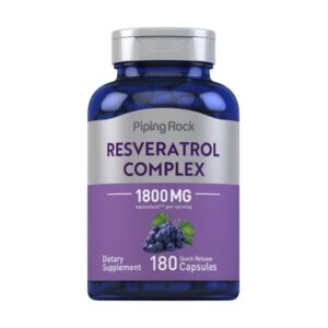 Flacone blu Piping Rock Resveratrolo 1800mg Complex 1800 mg, 180 capsule a rilascio rapido con estratto d’uva per supporto antiossidante.