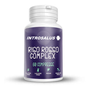 Flacone bianco di integratore “Introsalus Riso Rosso Complex” con 60 compresse, etichetta viola, senza glutine e lattosio, vegano e prodotto in Italia.