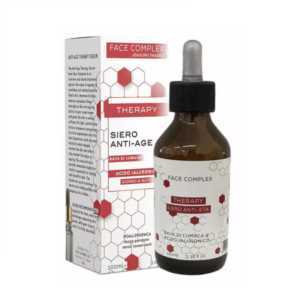 Flacone con contagocce di siero anti-age viso Face Complex Therapy anti-age con bava di lumaca e acido ialuronico, formato 100 ml.