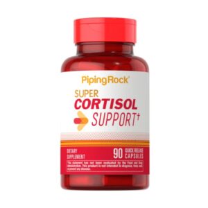 Flacone rosso di integratore Super Cortisolo Support Piping Rock con 90 capsule a rilascio rapido, formulato per il supporto del cortisolo e dello stress.