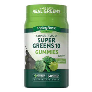 Barattolo verde Piping Rock Super Greens 10 Gummies, 60 gommose vegane al gusto mela verde con mix di verdure per supporto nutrizionale.