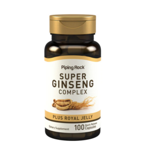 Flacone Piping Rock Super Ginseng Complex con pappa reale, 100 capsule a rilascio rapido per supporto energia e vitalità.