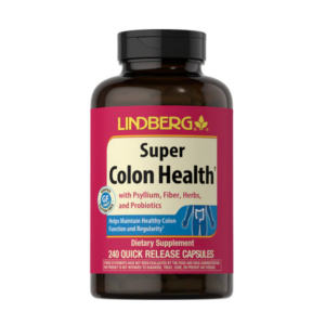 Flacone Lindberg Super Colon Health con psillio, fibre, erbe e probiotici, 240 capsule a rilascio rapido per supporto intestinale e regolarità.