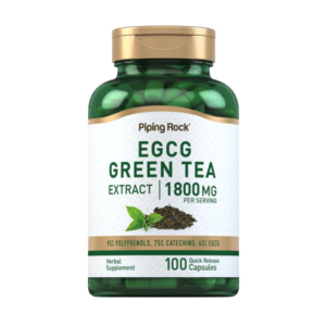 Flacone verde di integratore EGCG Green Tea Extract Piping Rock da 1800 mg per porzione, con 100 capsule a rilascio rapido e alto contenuto di polifenoli e catechine.
