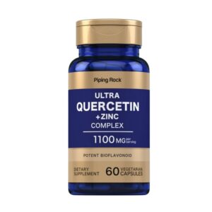 Flacone blu Piping Rock Ultra Quercetina + Zinc Complex 1100 mg, 60 capsule vegetali con bioflavonoidi per supporto immunitario.