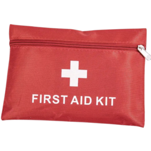 Kit di pronto soccorso in borsa rossa con cerniera e simbolo della croce bianca.