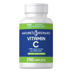 Flacone Nature’s Reward Vitamina C 1000 mg con rosa canina, 250 compresse senza glutine e senza coloranti artificiali.