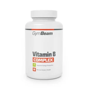Barattolo bianco di integratore Vitamina B Complex GymBeam con etichetta minimal, per supporto alla produzione di energia e alla salute del sistema nervoso.