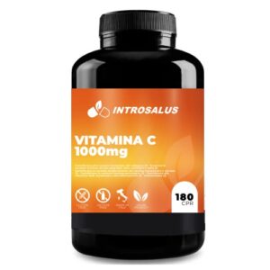 Flacone nero di integratore Introsalus Vitamina C 1000 mg con 180 compresse, senza glutine e lattosio, vegano.