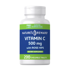 Flacone Nature’s Reward Vitamina C 500mg con rosa canina, 200 compresse masticabili senza glutine e senza coloranti artificiali.