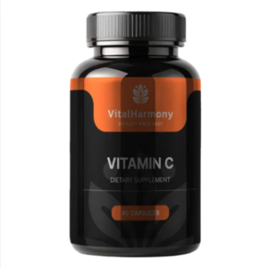 Flacone nero VitalHarmony Vitamina C, integratore alimentare da 90 capsule per supporto al sistema immunitario e benessere generale.
