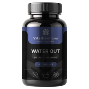 Flacone nero VitalHarmony Water Out, integratore alimentare da 90 capsule per supporto al drenaggio dei liquidi e benessere generale.