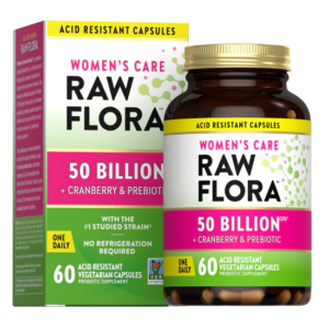 Confezione e flacone probiotici donna Raw Flora 50 Billion CFU con cranberry e prebiotici, 60 capsule vegetali gastroresistenti per il benessere femminile.