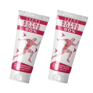 Tubo di crema corpo Arnica montana Extra Forte 90% per massaggio locale, con grafica di una figura in movimento e design bianco e rosso.