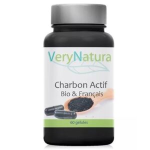 Flacone di integratore VeryNatura Charbon Actif Bio & Français, 60 capsule di carbone attivo, prodotto vegano e biologico per il benessere digestivo.