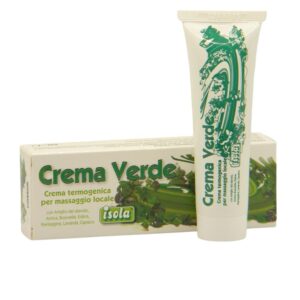 Confezione e tubo di crema Isola Crema Verde per massaggio locale, con estratti naturali e arnica, design verde.