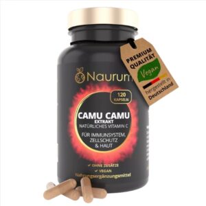 Flacone di integratore Naurum Camu Camu Extract con vitamina C naturale, 120 capsule vegane, supporto per sistema immunitario e pelle.