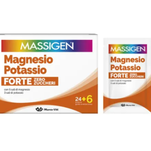 Confezione di integratore Massigen Magnesio e Potassio Forte Zero Zuccheri, con 24+6 bustine, gusto arancia.