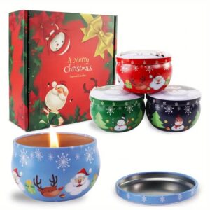 Candele profumate natalizie in barattoli decorati con pupazzi di neve e Babbo Natale, con confezione regalo a tema Natale.