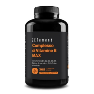 Flacone nero di integratore Complesso di Vitamine B MAX Zenement con etichetta arancione, contenente 365 compresse vegane con vitamine del gruppo B e colina.
