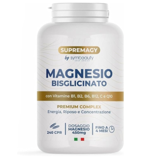 Flacone bianco Supremagy Magnesio Bisglicinato 450mg con vitamine B1, B2, B6, B12 e CoQ10, 240 compresse per energia, riposo e concentrazione.
