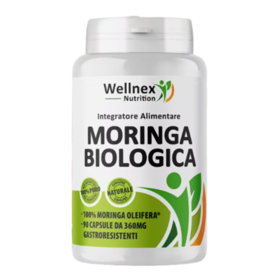 Flacone bianco Wellnex Nutrition Moringa Biologica, integratore naturale con 90 capsule gastroresistenti da 360 mg di moringa oleifera.
